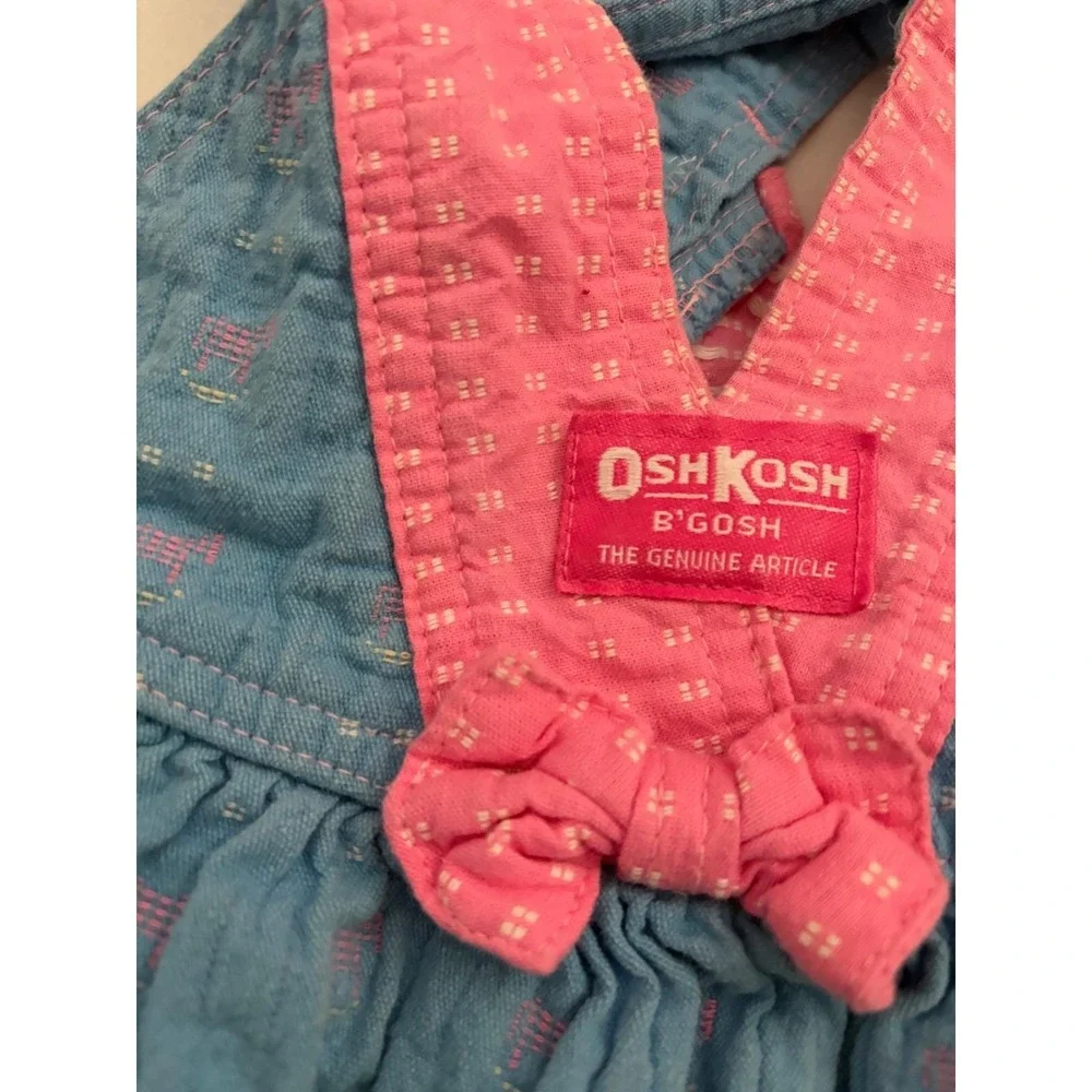 OshKosh B'gosh Pinafore Dress Vintage Cottagecore Blue Pink Bow 18M